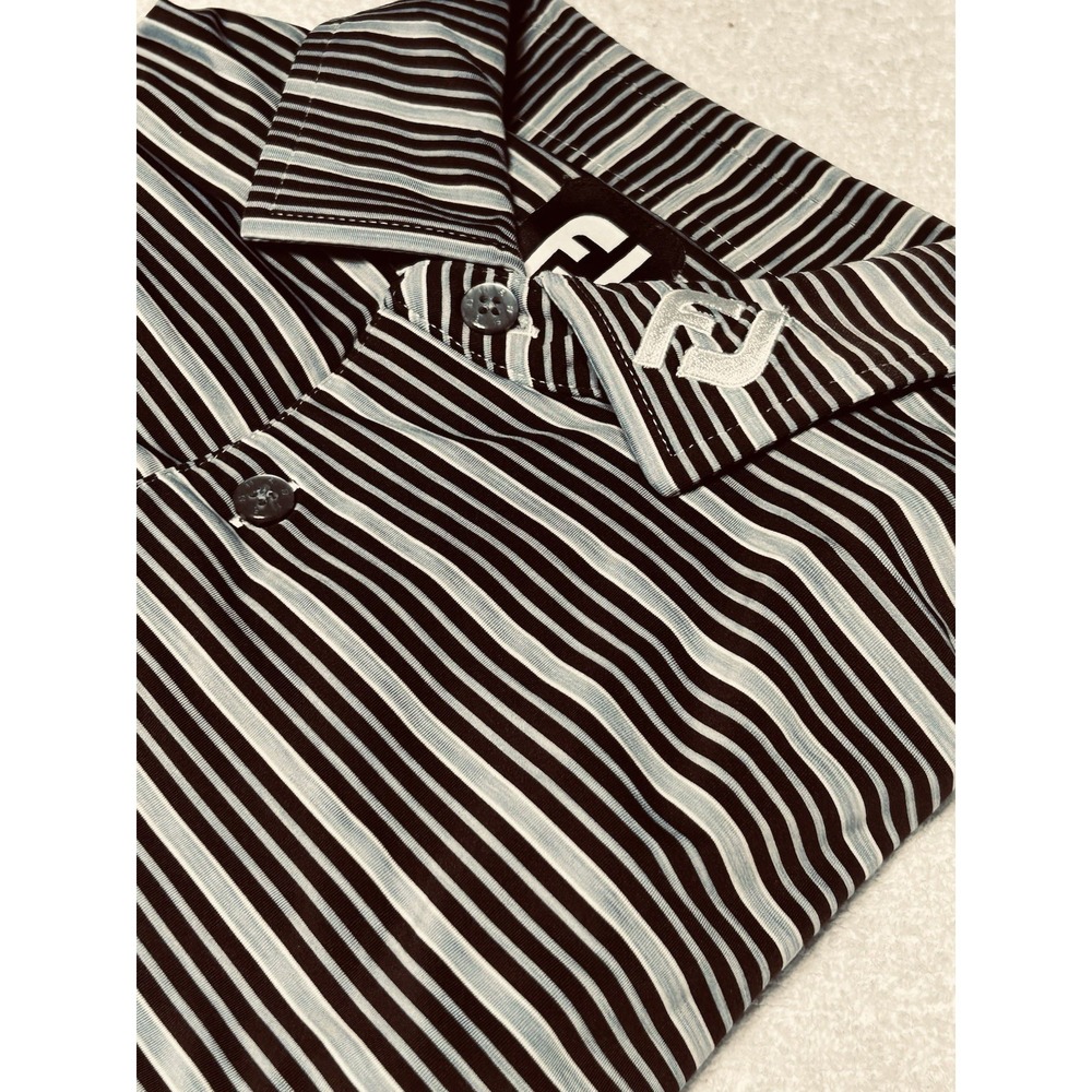 FootJoy Polo Shirt Men's Gray/Black  Stripe Golf Performance Stretch FJ Logo